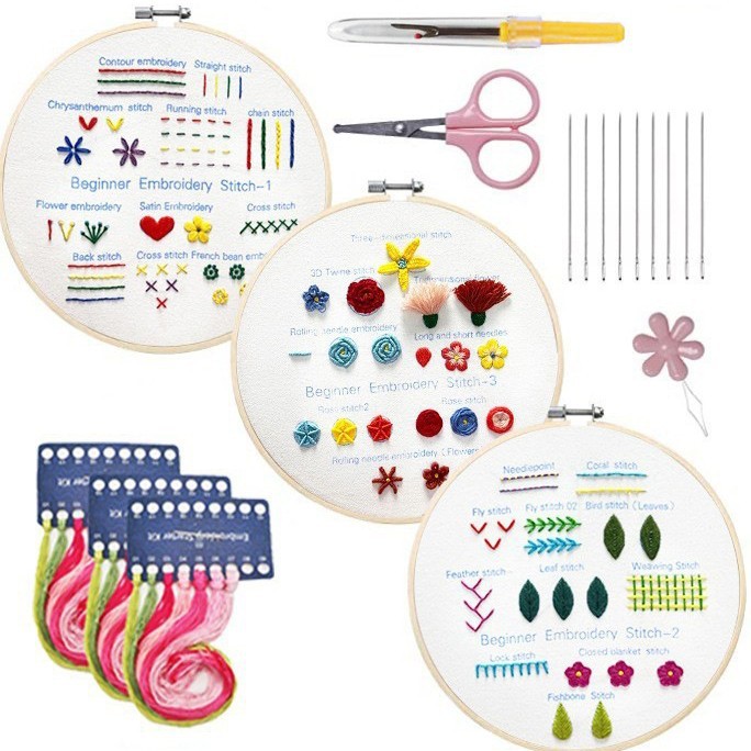 Flower and plant embroidery practice (Basic 3-piece set)--DIY novice teaching material package