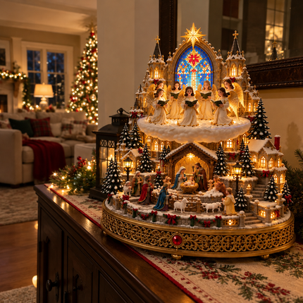 Lighted Christmas angel choir Nativity village displayed on a sideboard at night