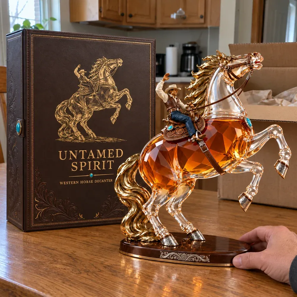 Untamed Spirit horse decanter beside its brown book-style presentation box