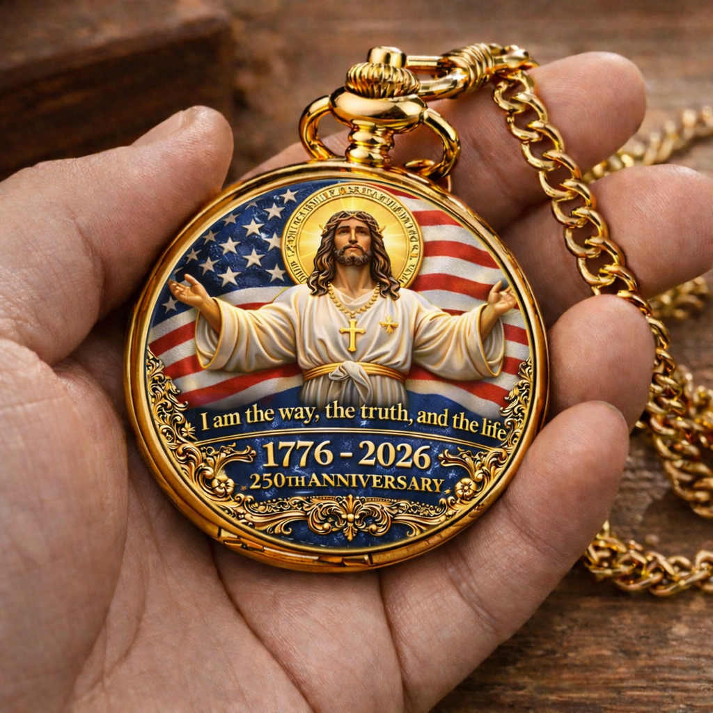 “Faith & Freedom 250th Anniversary” Engraved Pocket Watch Necklace – 1776–2026