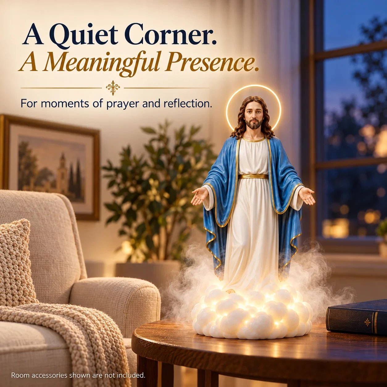 Holy Mist Jesus humidifier glowing on a tabletop, with a lit halo, cloud base and decorative mist
