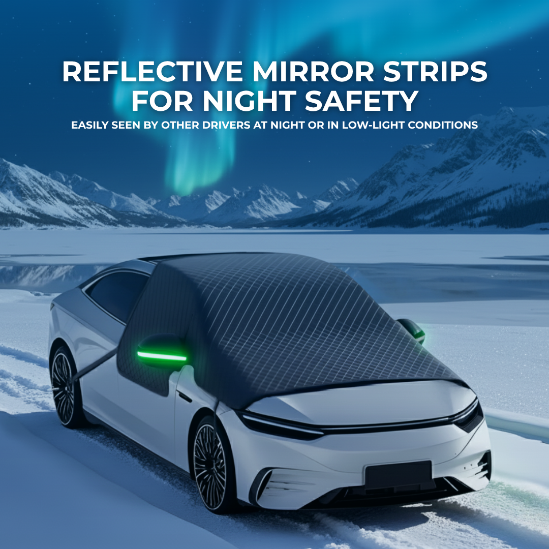 Reflective mirror strips on windshield snow cover