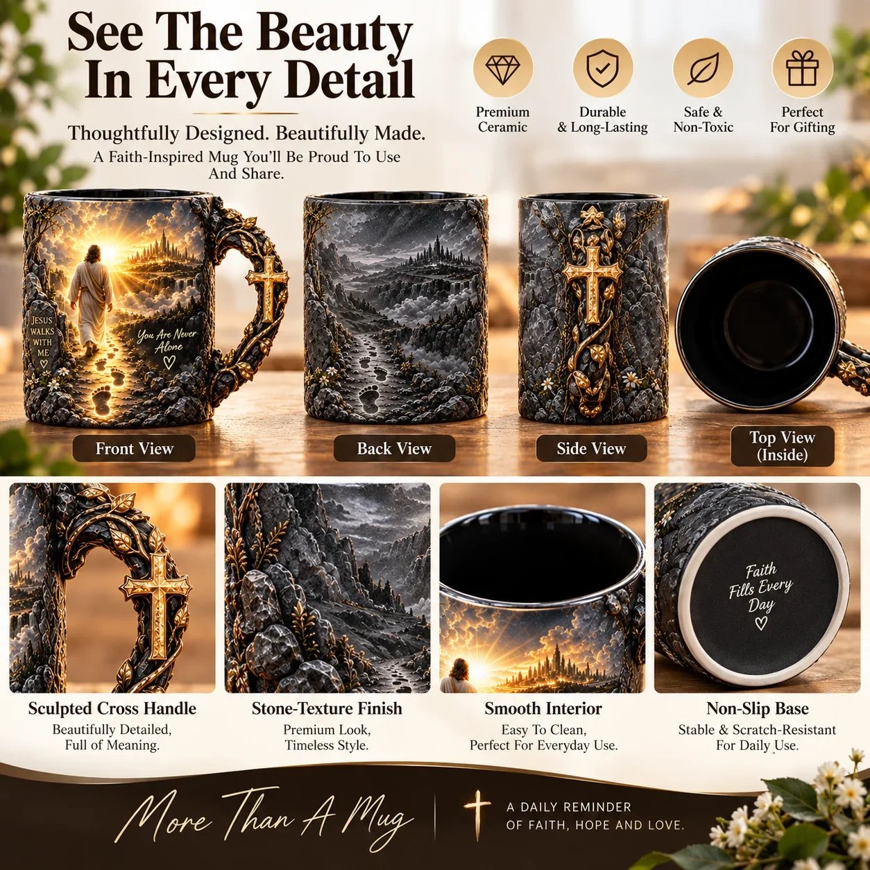 Front, back, side, top and detailed views of the Jesus Walks With Me mug