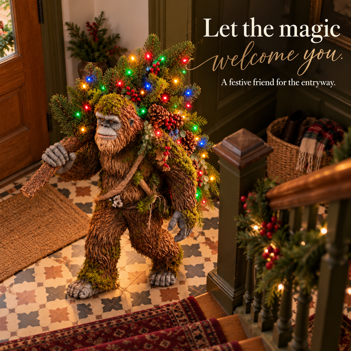 Sasquatch beside a decorated staircase