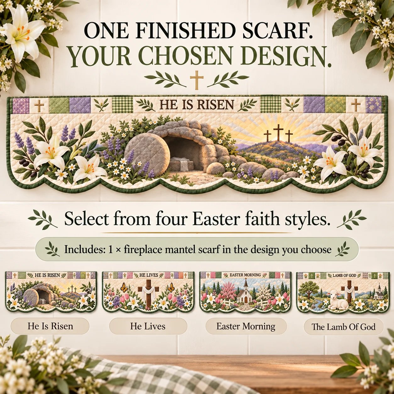 Overview of all four selectable Easter faith mantel scarf designs