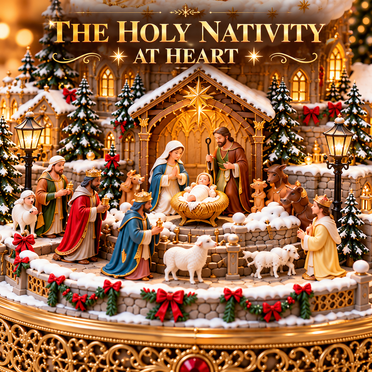 Holy Nativity scene with Mary Joseph Baby Jesus and worshippers