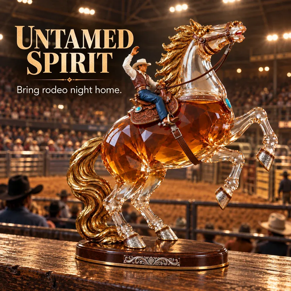 Untamed Spirit rearing horse and cowboy whiskey decanter in a rodeo arena setting