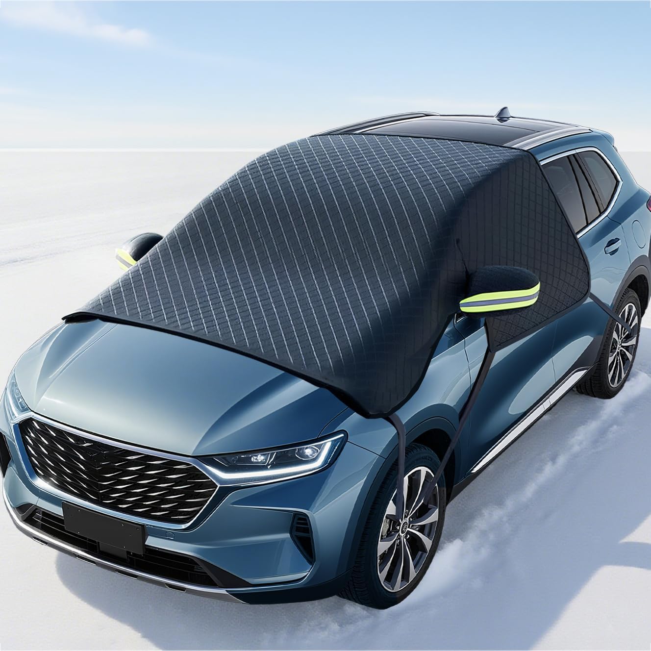 Magnetic windshield snow cover on SUV