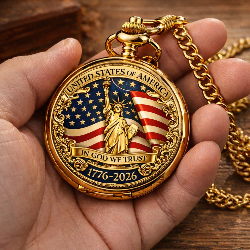 “Faith & Freedom 250th Anniversary” Engraved Pocket Watch Necklace – 1776–2026