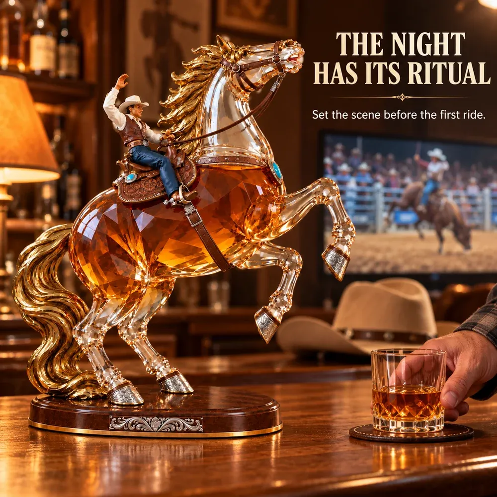 Horse whiskey decanter displayed in a home bar during rodeo viewing