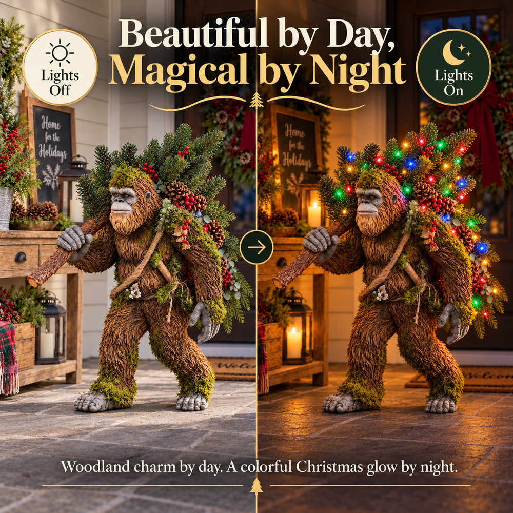Side-by-side comparison of Woodland Sasquatch by day with lights off and by night with colorful lights on