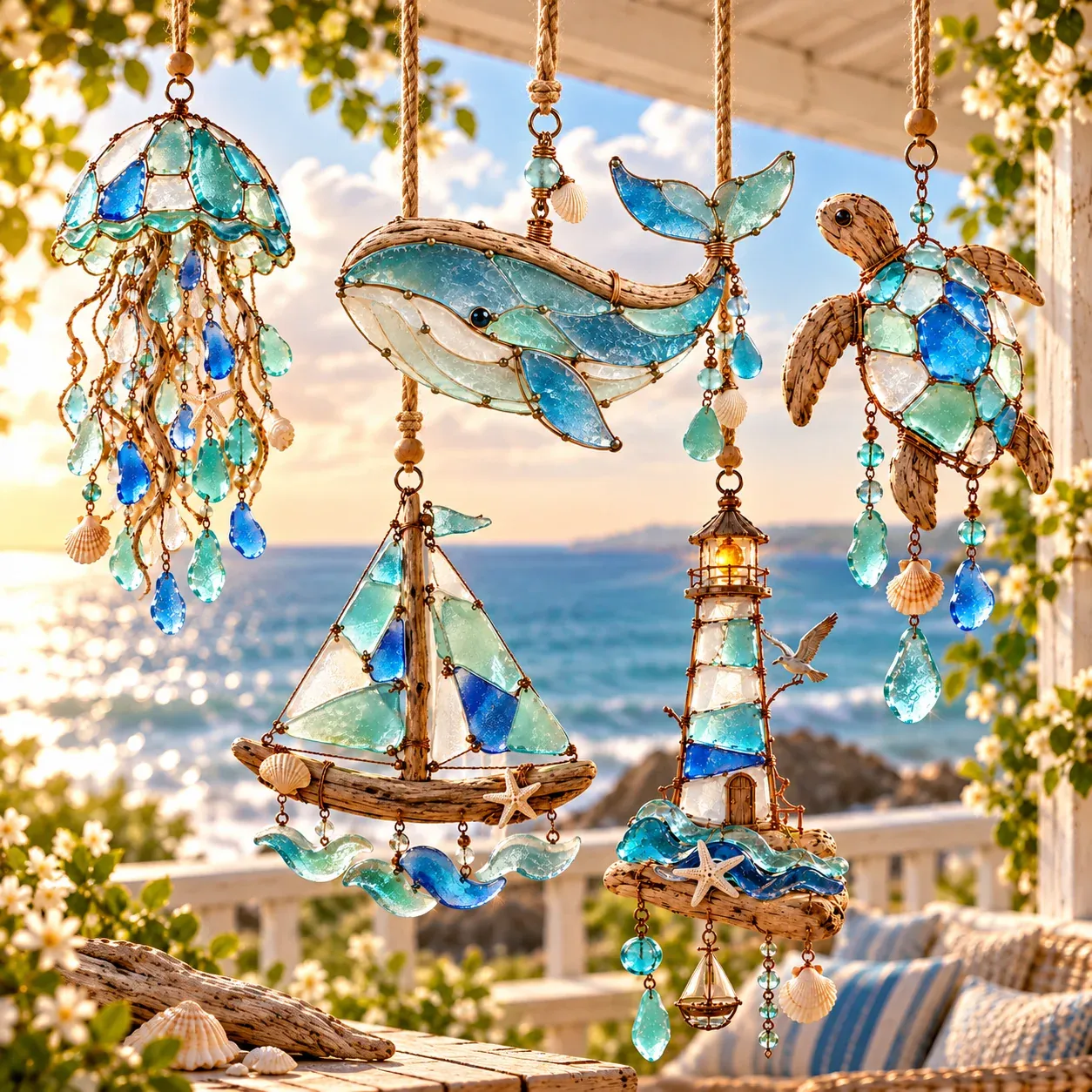 🌊✨ Sea Glass Coastal CharmsTM – Handcrafted Ocean Suncatcher Hanging Ornament Collection
