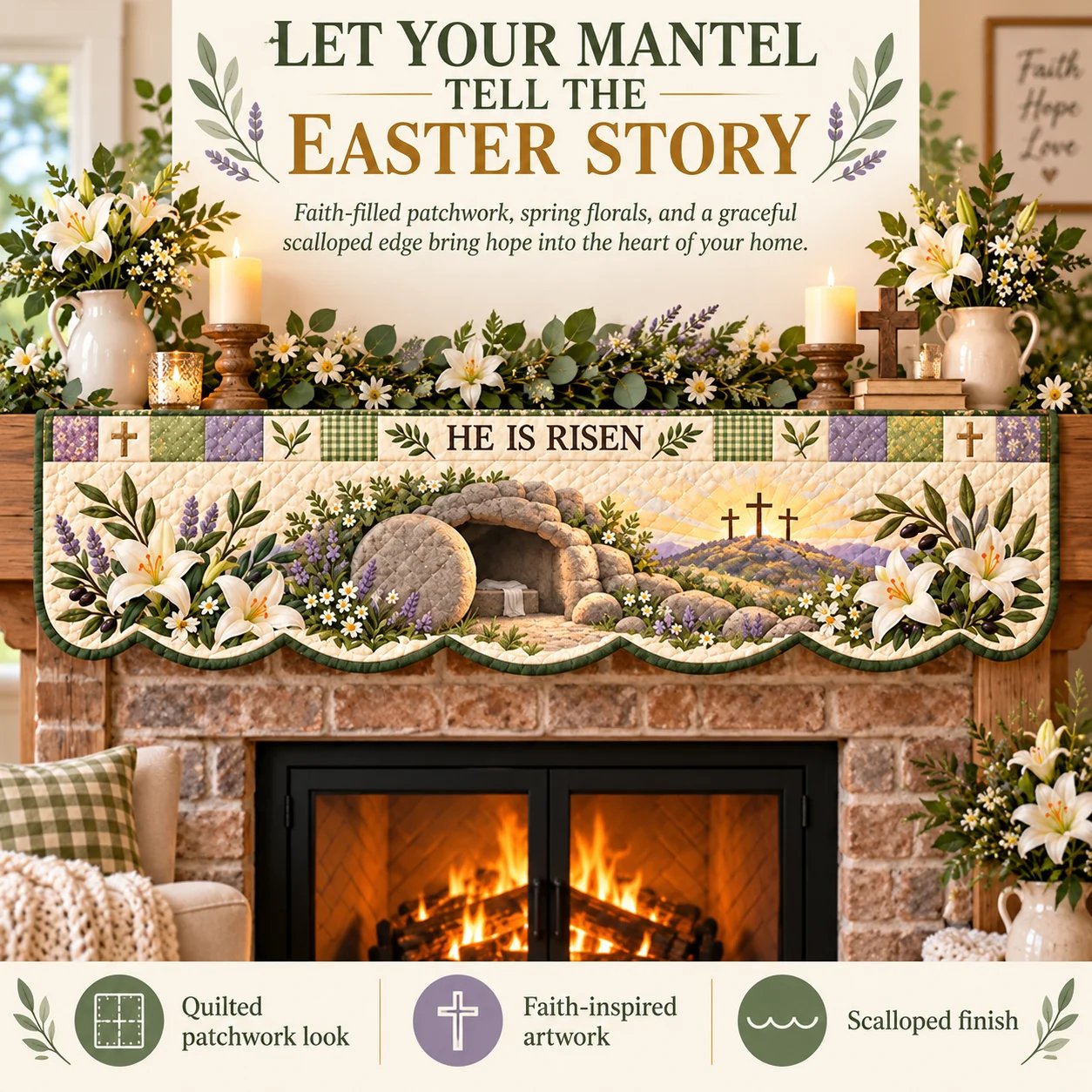 He Is Risen Easter mantel scarf displayed above a fireplace with a patchwork band, floral scene and scalloped edge