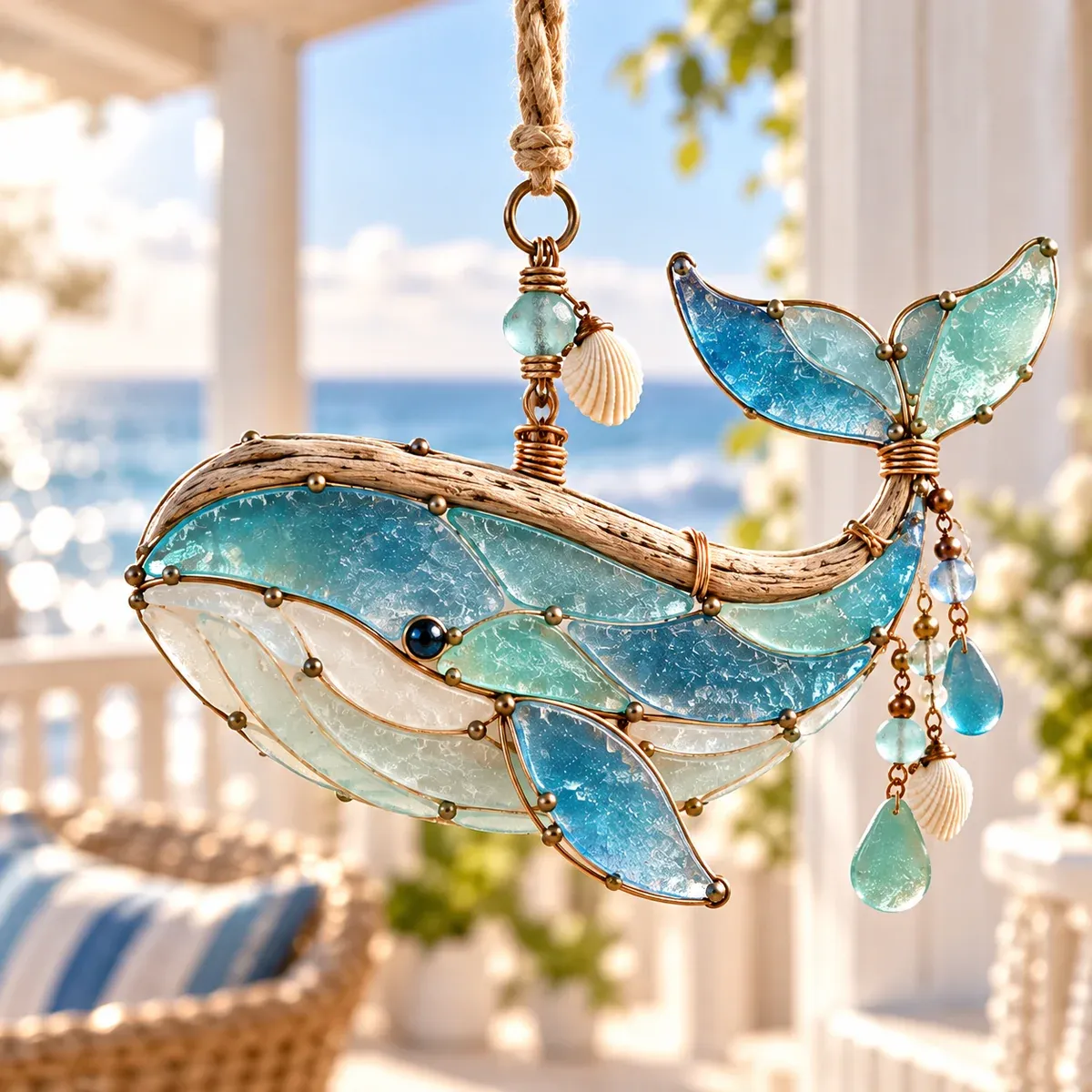 Coastal Whale sea glass hanging ornament