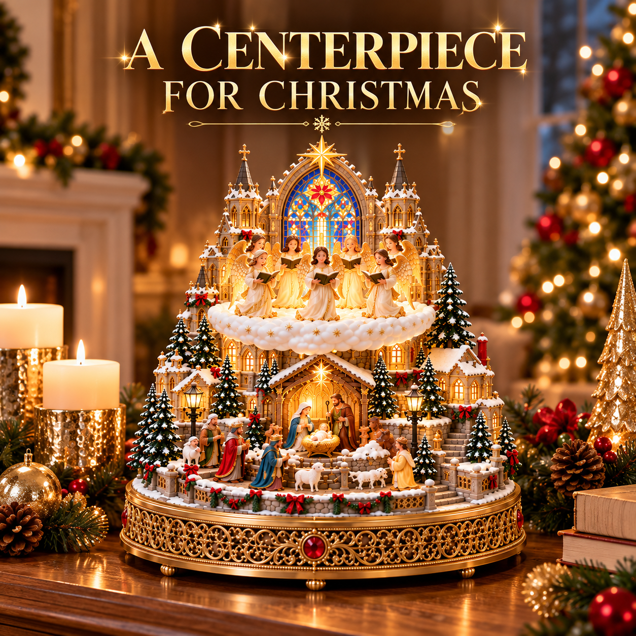 Angel choir Nativity village displayed as a Christmas home centerpiece