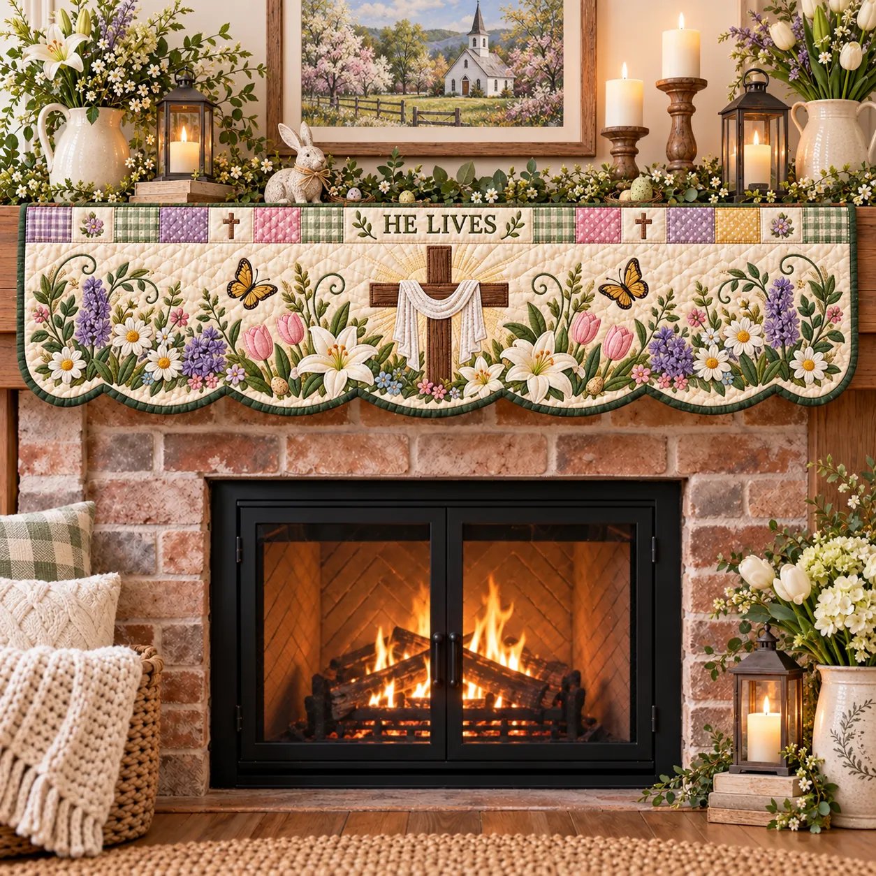 He Lives Easter mantel scarf with a draped cross, flowers and butterflies