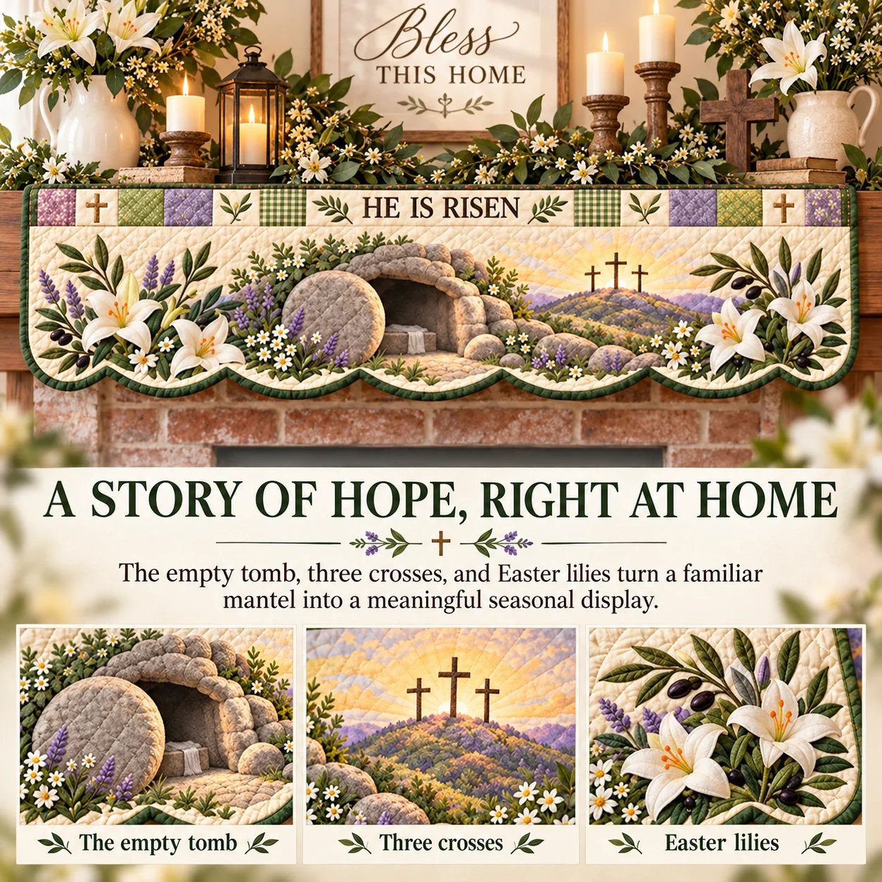 He Is Risen mantel scarf details including the empty tomb, three crosses and Easter lilies