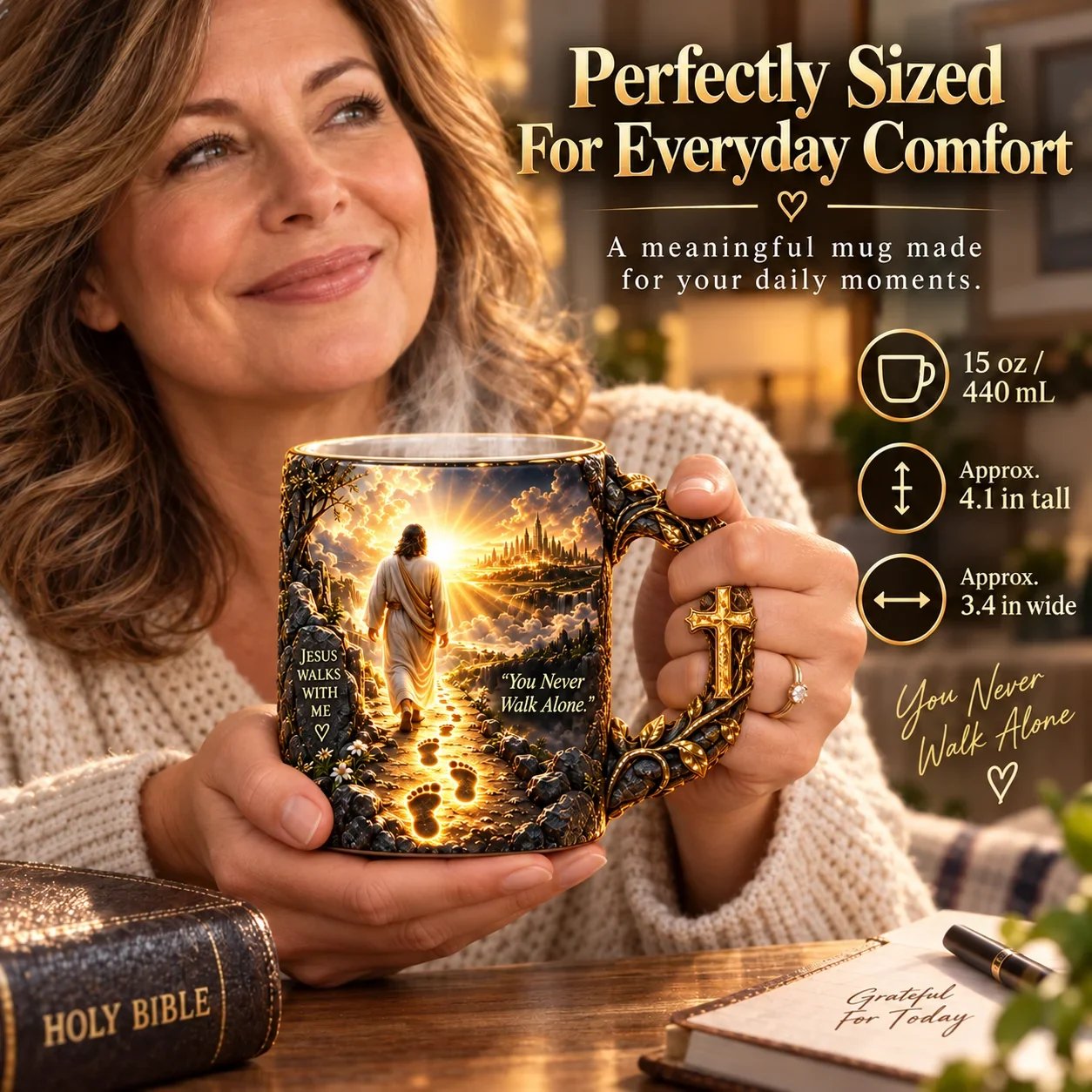 Woman holding the Jesus Walks With Me mug with size and capacity information