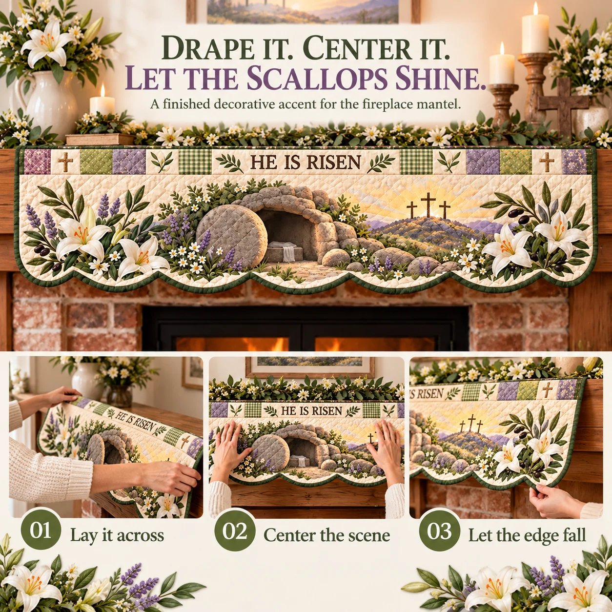 Three-view guide showing the finished Easter scarf laid, centered and draped across the mantel