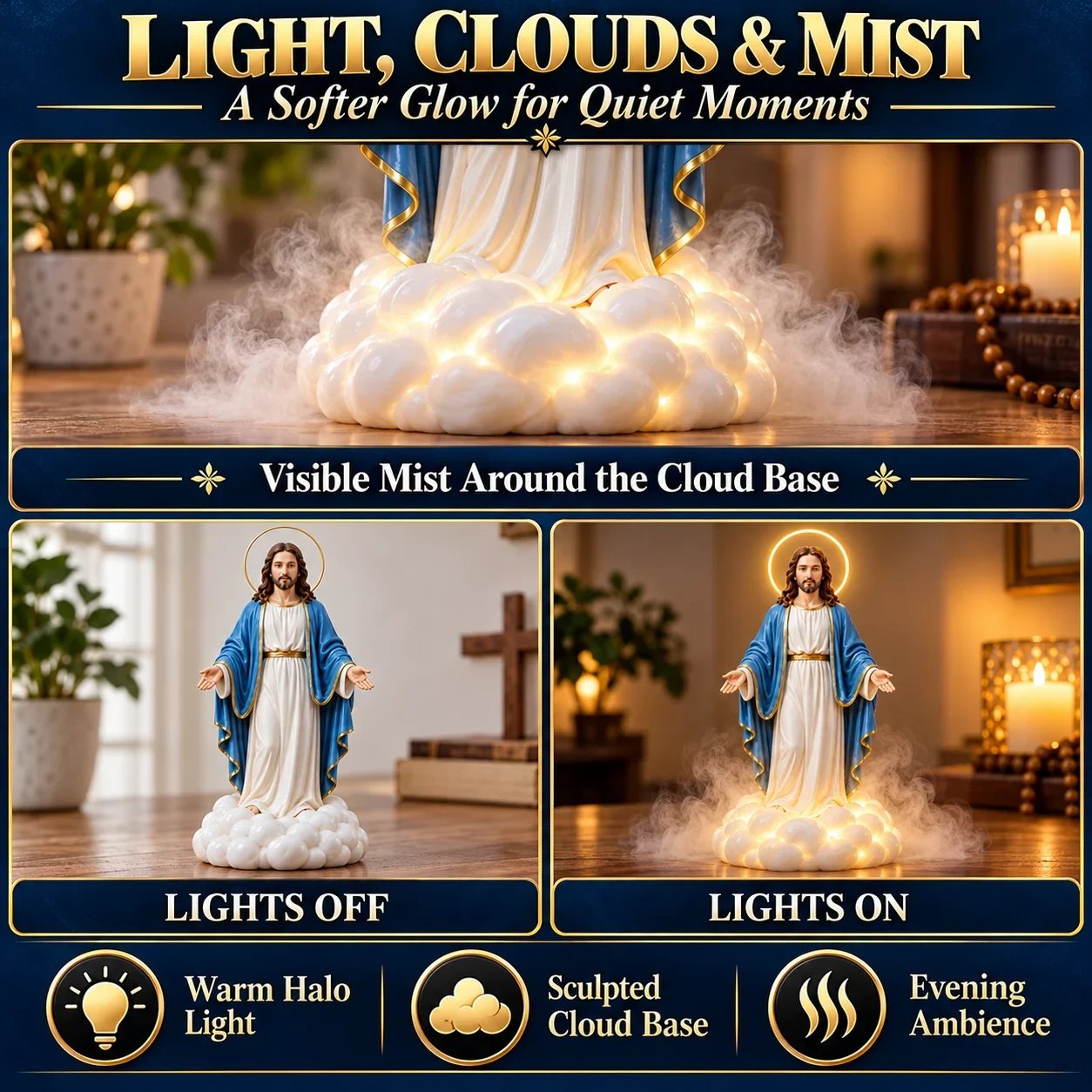 Holy Mist mist around the illuminated clouds, with lights-off and lights-on views