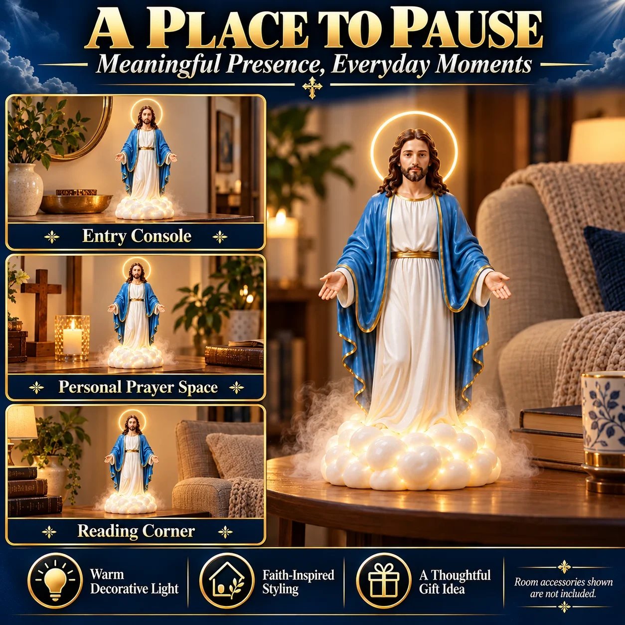 Holy Mist displayed on an entry console, in a prayer space and beside a reading chair