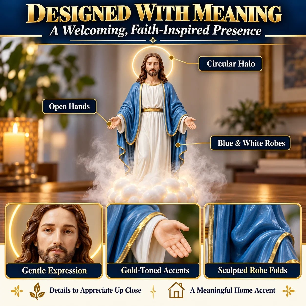 Sculpted facial expression, open hands, blue and white robes, and gold-toned edging on Holy Mist