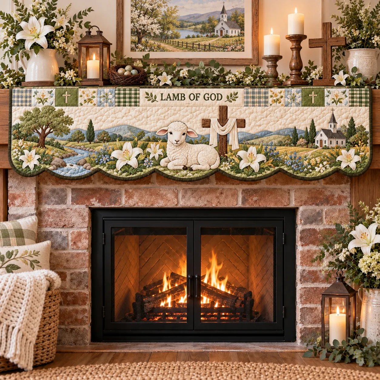 Lamb of God Easter mantel scarf with a lamb, draped cross and spring landscape