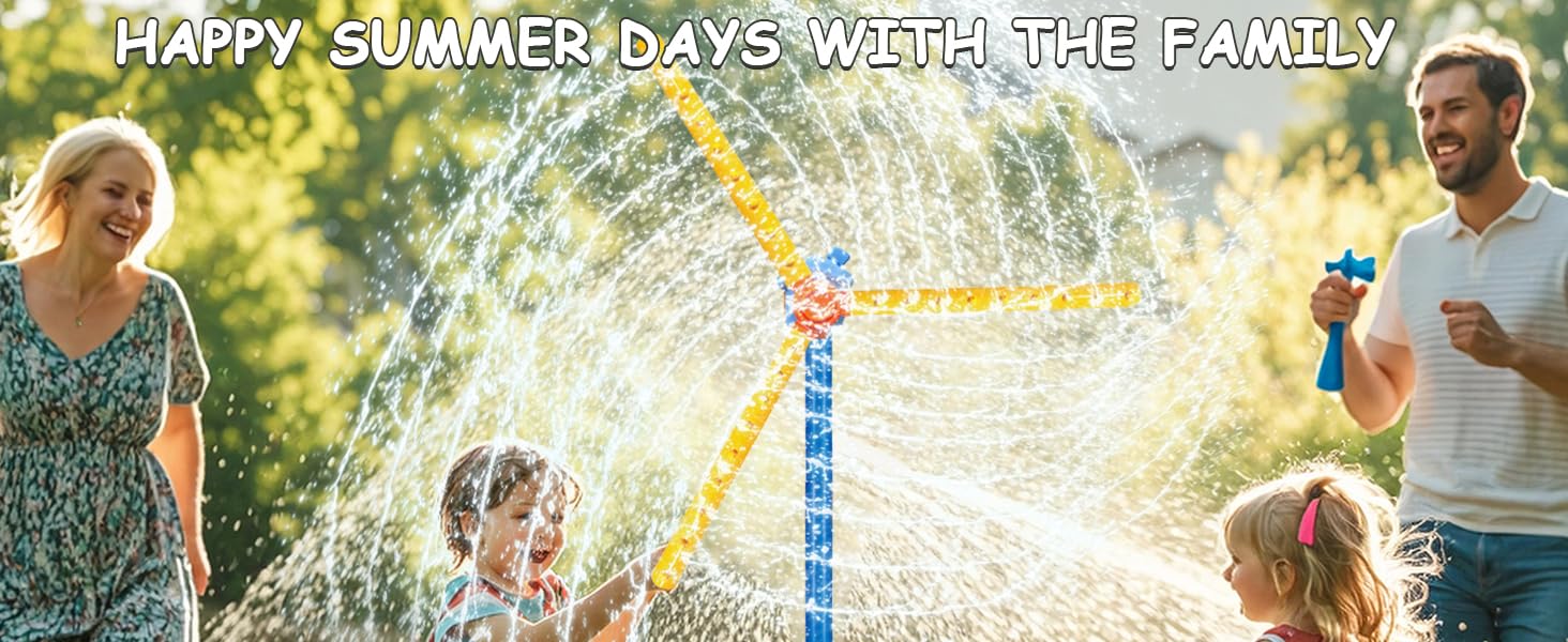 Outdoor sprinkler toy with tall blue vertical pole and multiple water spraying attachments, creating a fountain effect in a sunny backyard setting.
