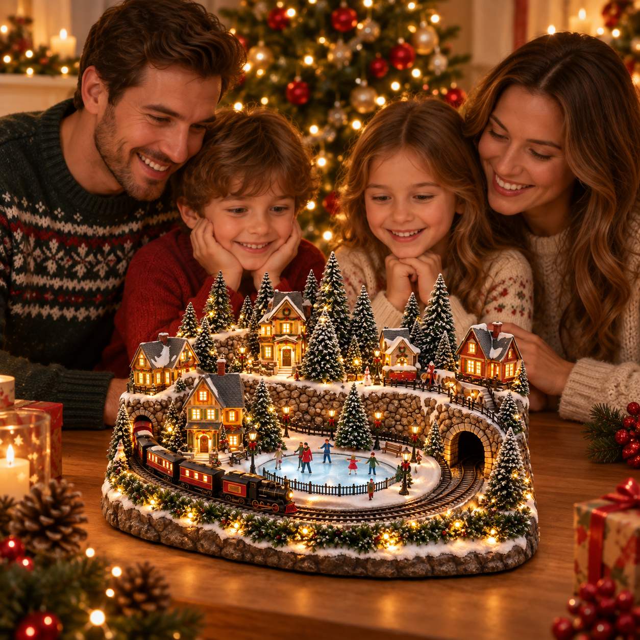 Family watching a lighted animated snowy Christmas village