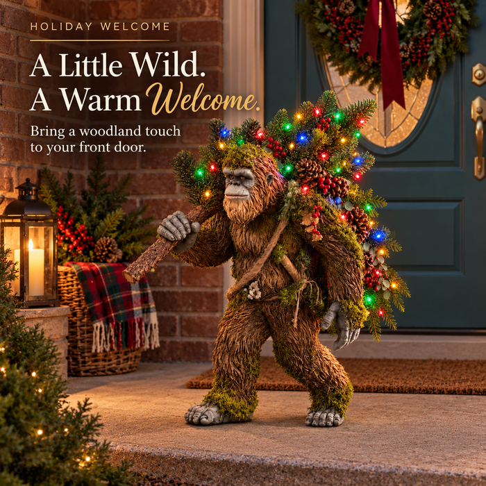 Lighted Sasquatch beside a green front door