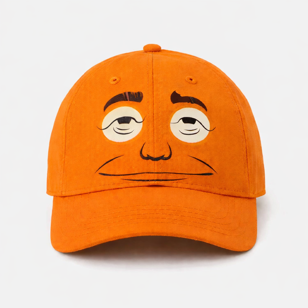 Expressionless orange-faced golf cap