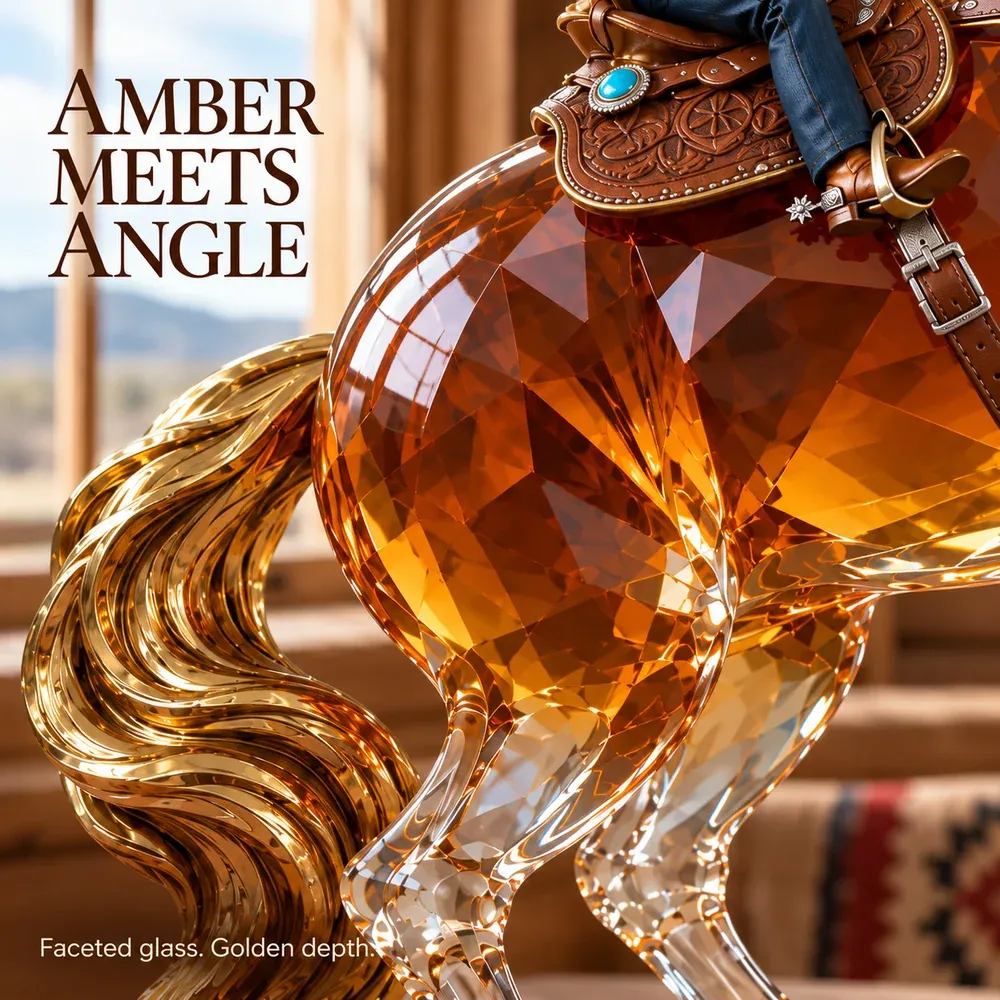 Close view of the faceted horse body, saddle and cowboy boot details