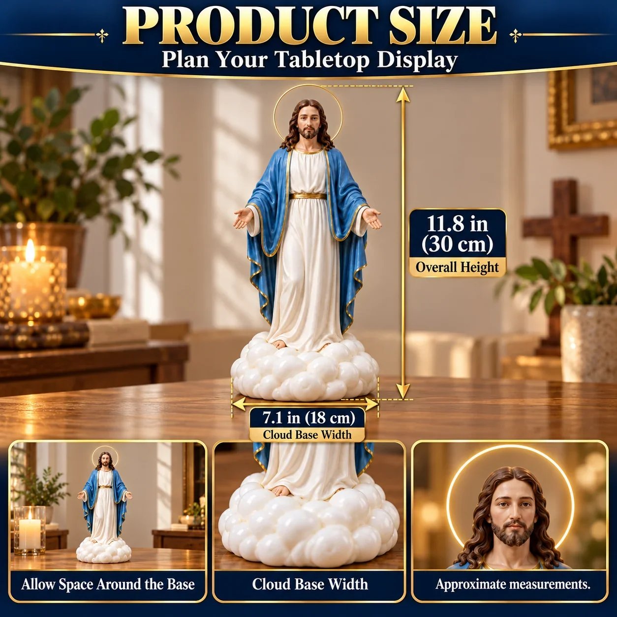 Holy Mist size diagram: approximate overall height 30 cm or 11.8 inches and cloud base width 18 cm or 7.1 inches