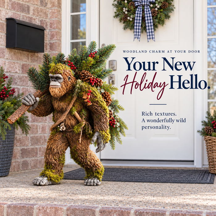 Sasquatch displayed outside a white front door