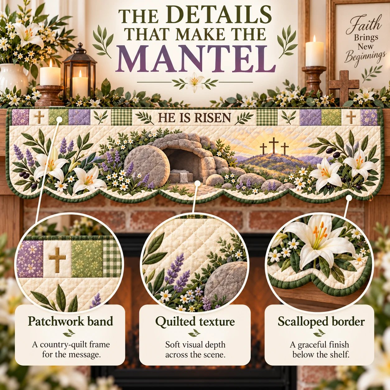 Close views of the Easter mantel scarf's patchwork band, quilt-like surface and scalloped floral edge