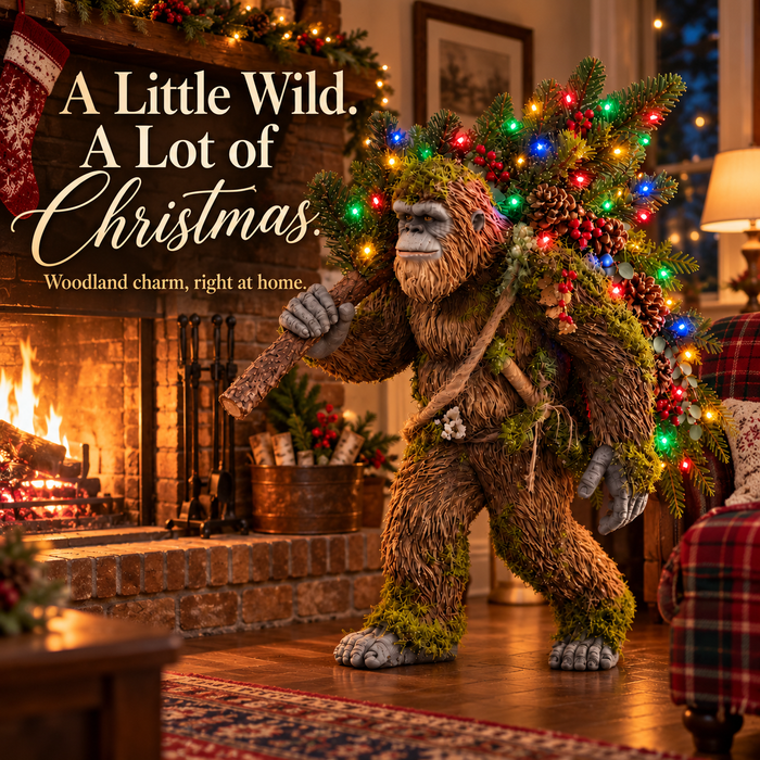 Sasquatch with colorful lights beside a fireplace