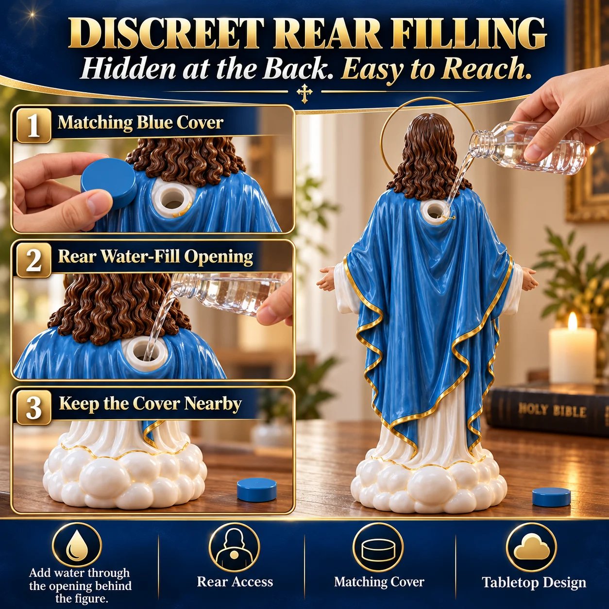 Rear water filling opening and blue cover on Jesus mist humidifier