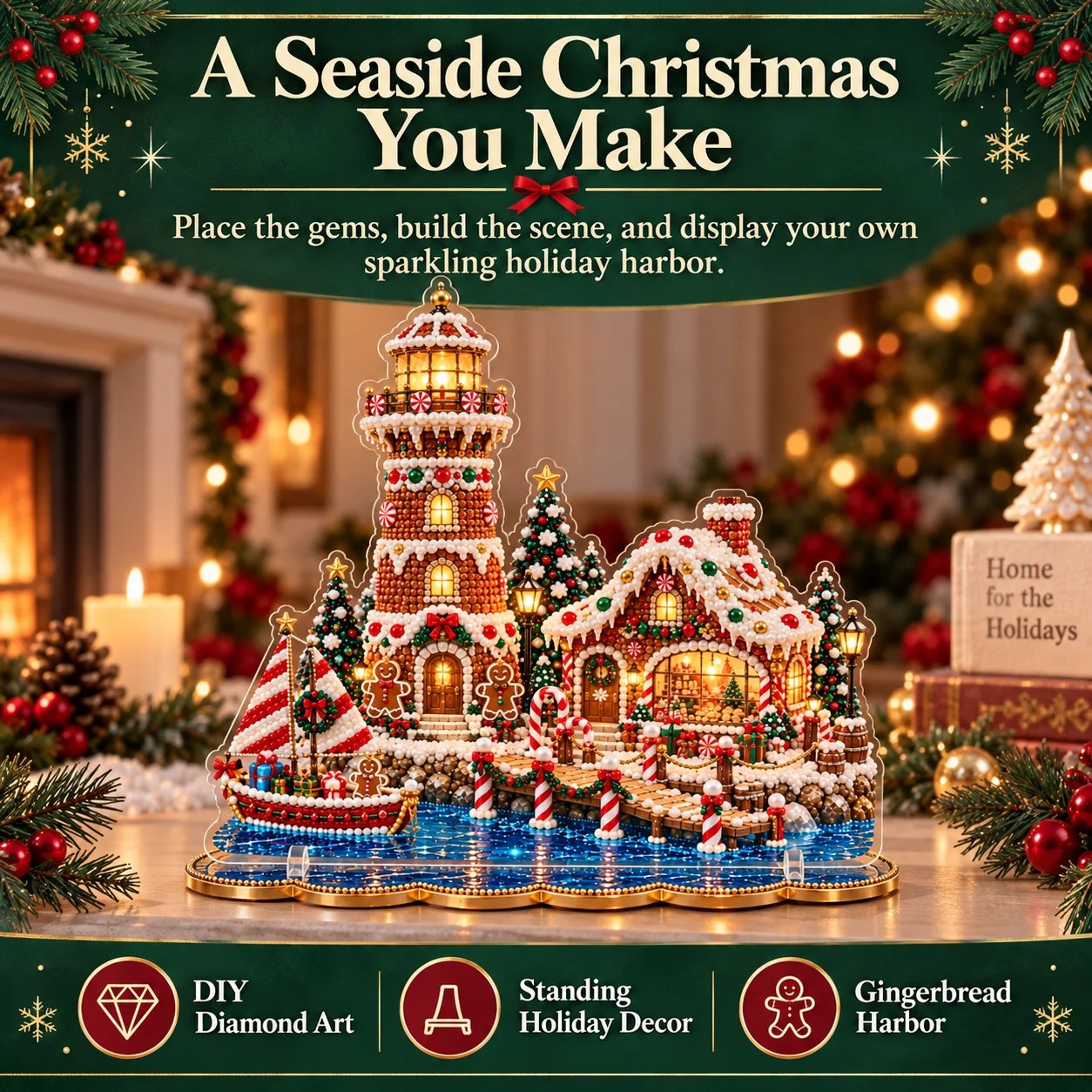Pearl diamond art lighthouse village shown as a finished standing Christmas harbor
