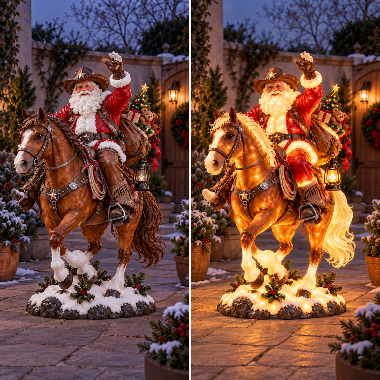 Western Santa Christmas statue daytime and illuminated nighttime comparison