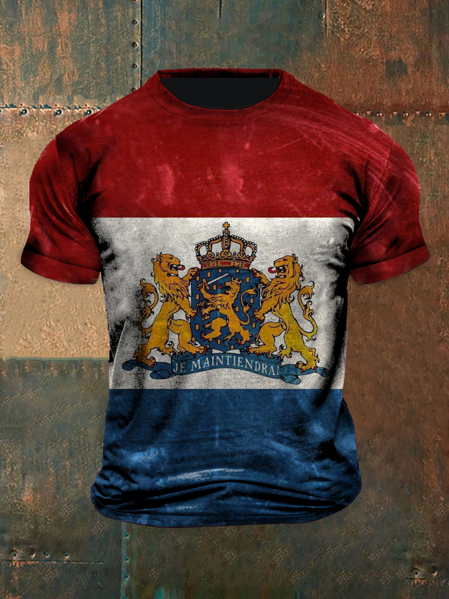 Herenvintage Nederlandse Vlag Gouden Leeuw Abstracte Print Casual Katoen Korte Mouw T-shirt