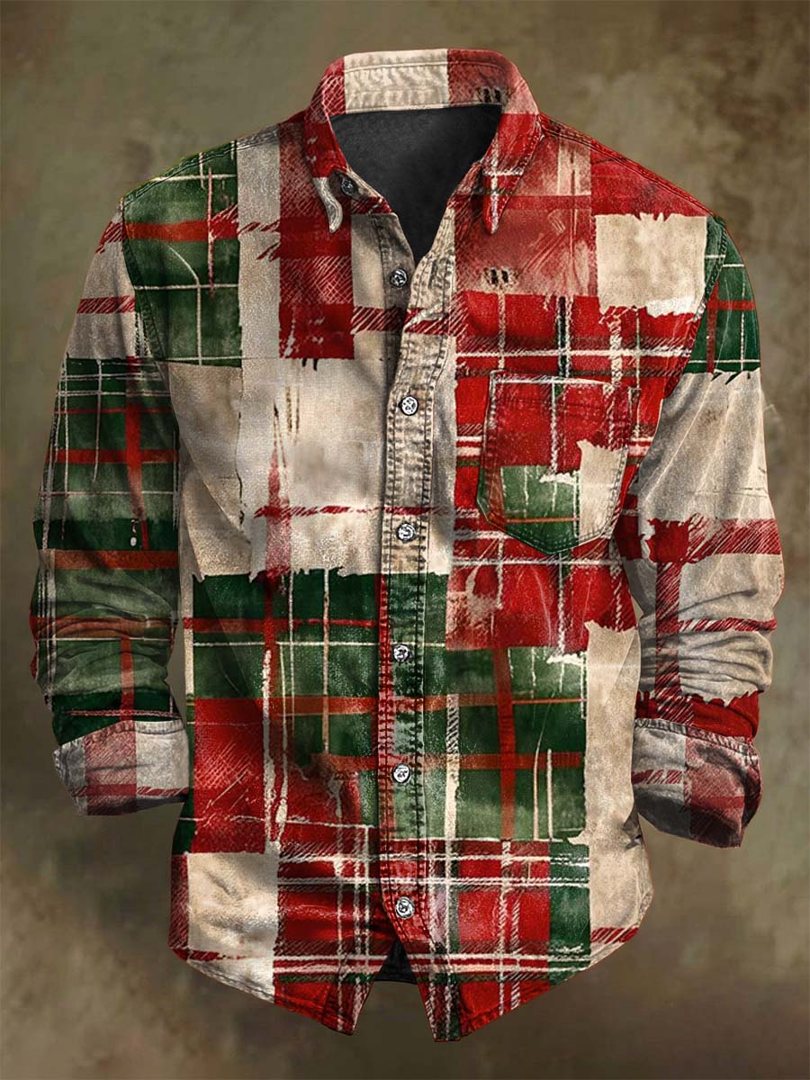 Vintage geruite print kerst casual shirt met lange mouwen