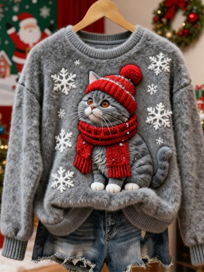 Dames retro kerst dierenkunst print casual flanellen top