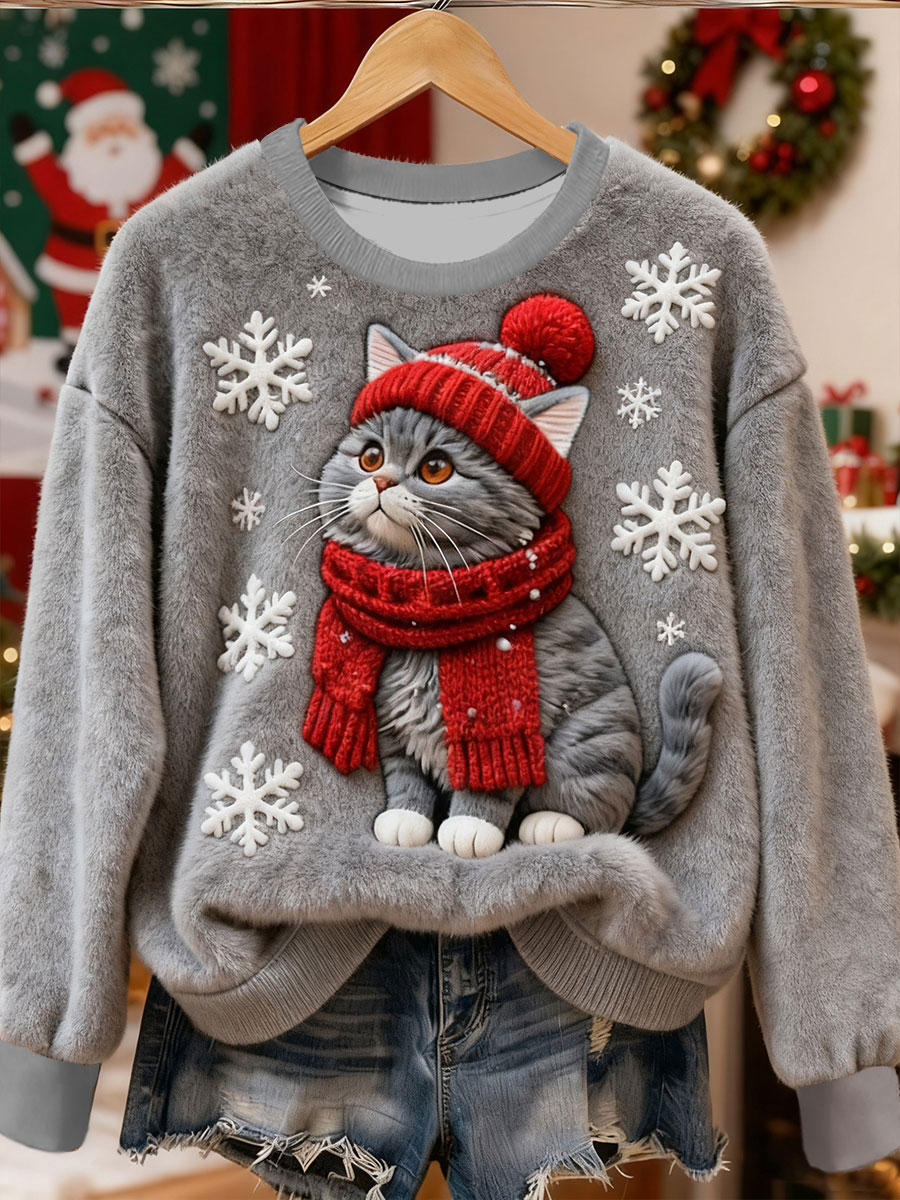 Schattige kerst kattenkunstprint casual flanellen sweatshirt voor dames