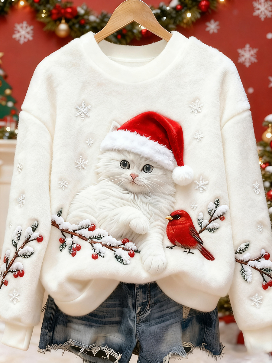 Schattige kerst kattenkunstprint casual flanellen sweatshirt voor dames