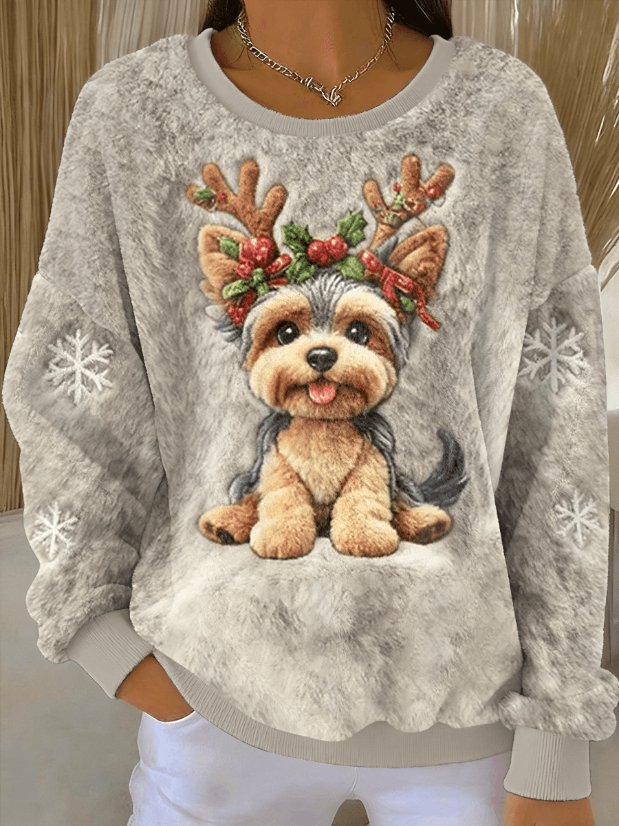 Dames schattige kerst hond kunst print casual flanellen trui