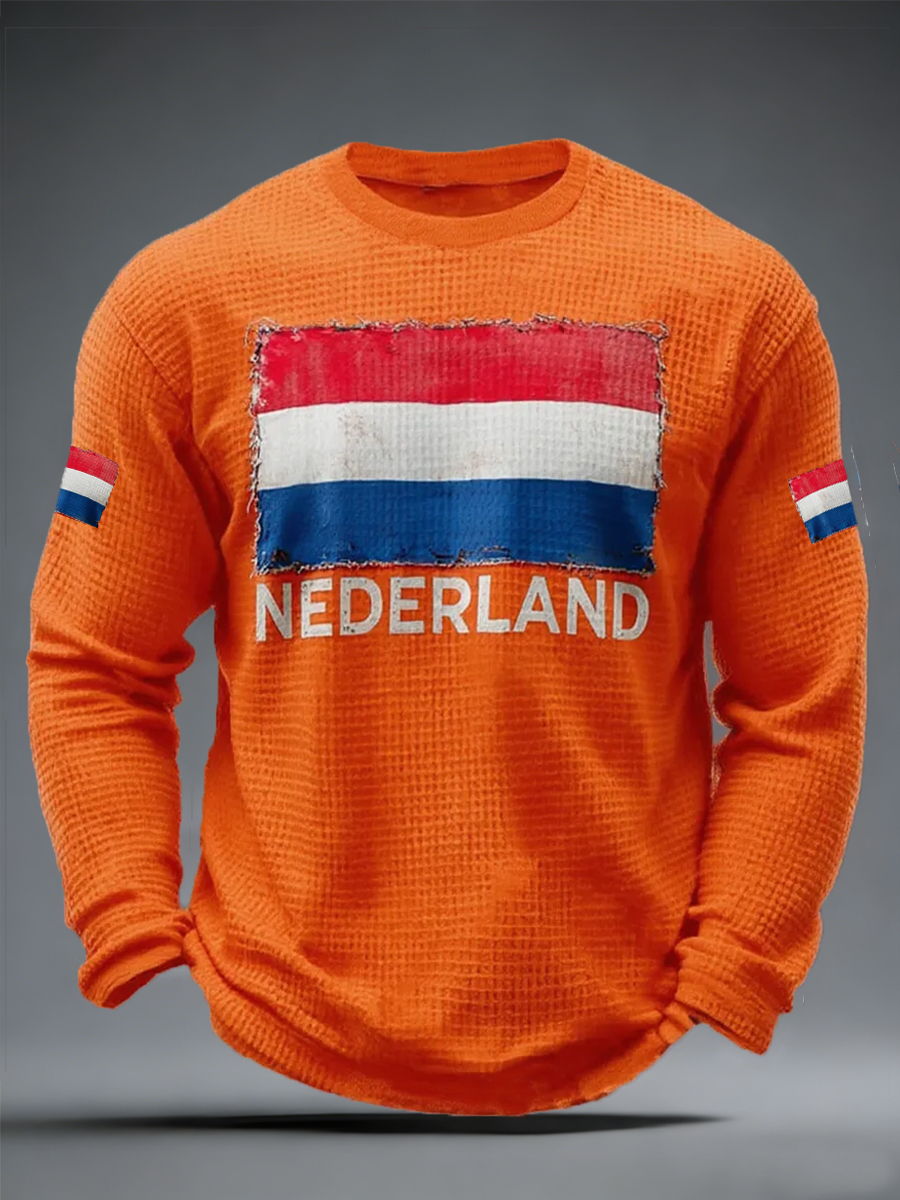 Heren Nederlandse vlagprint casual wafelkraag T-shirt met lange mouwen