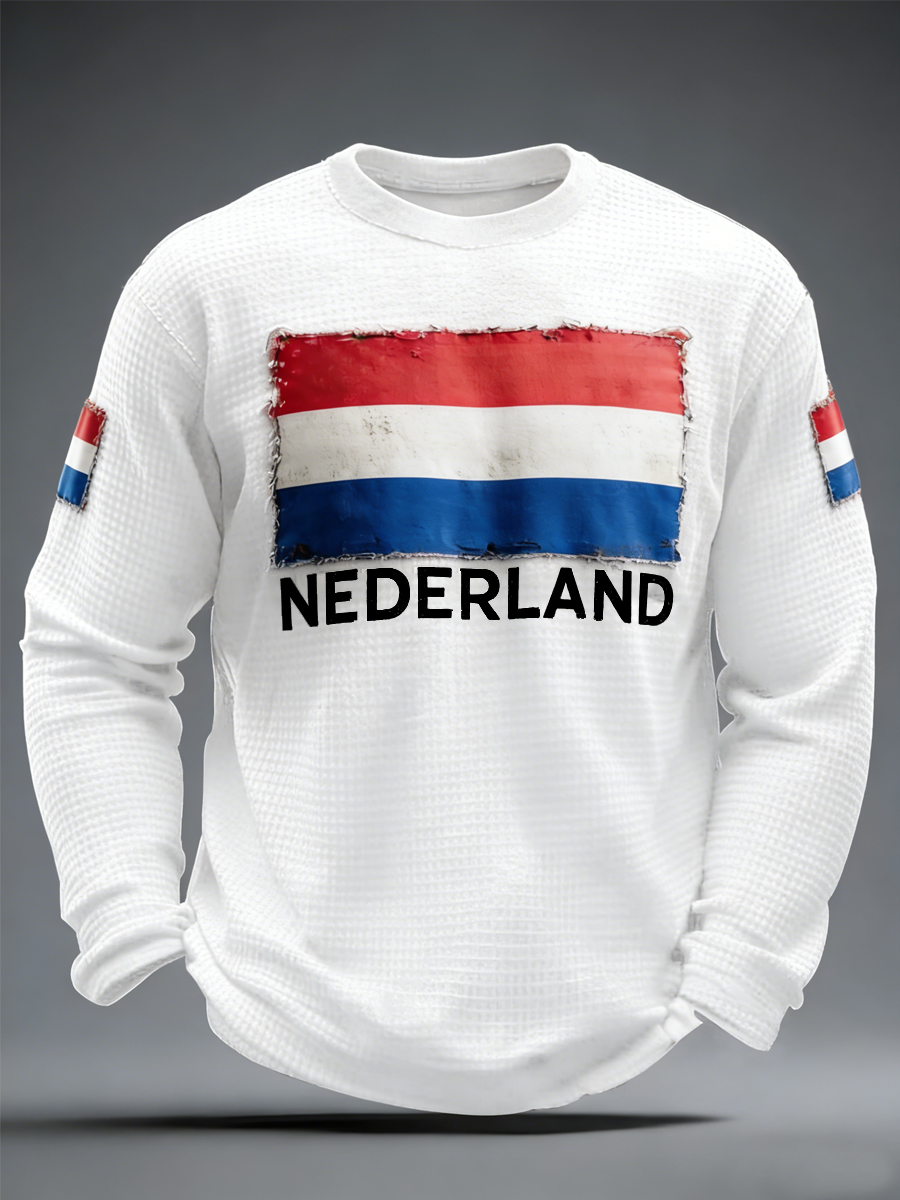 Heren Nederlandse vlagprint casual wafelkraag T-shirt met lange mouwen