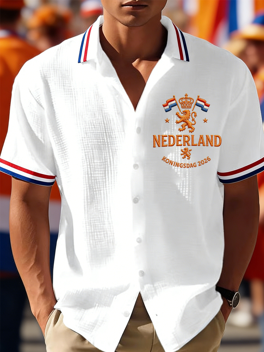Heren Nederland Vlag Print Koningsdag Casual Waffle Shirt