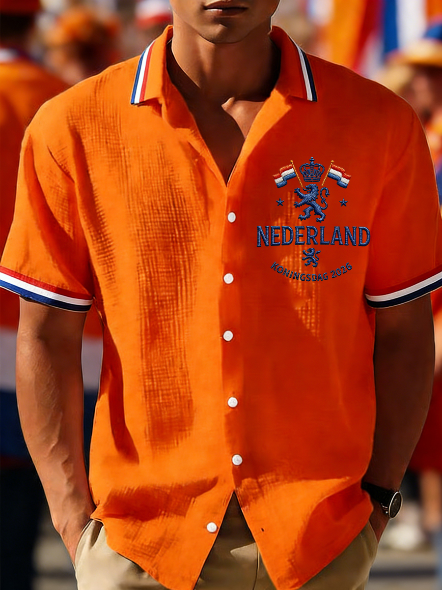 Heren Nederland Vlag Print Koningsdag Casual Waffle Shirt