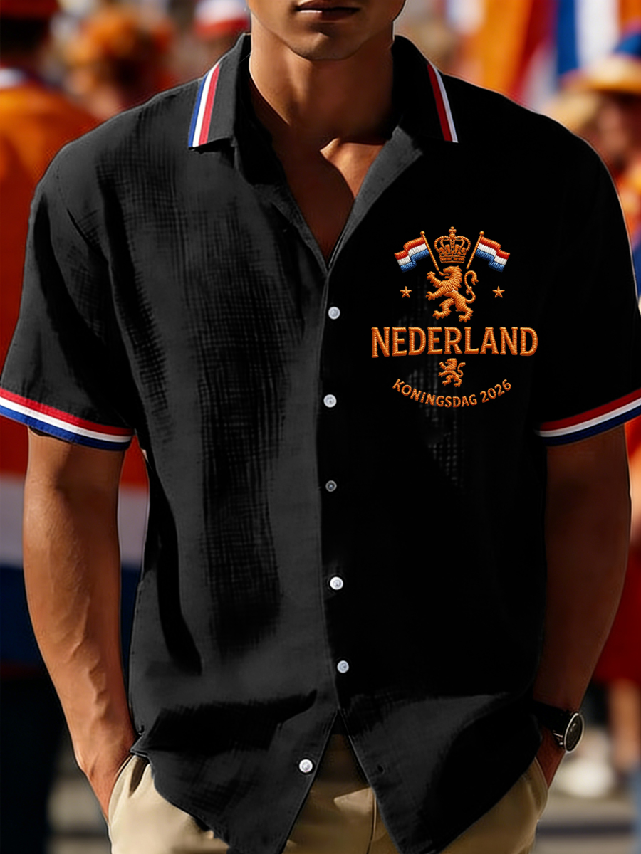 Heren Nederland Vlag Print Koningsdag Casual Waffle Shirt